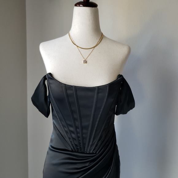 Glossy Satin Draped Sleeve Off The Shoulder Balconette Corset Dress - Picture 6 of 11
